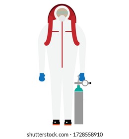 The emergency medical technicians wearing  coverall gowns and carrying equipment and oxygen tanks.