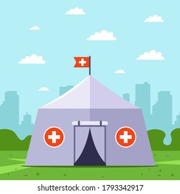 Emergency Medical Tent. Provide Disaster Relief. Flat Vector Illustration.