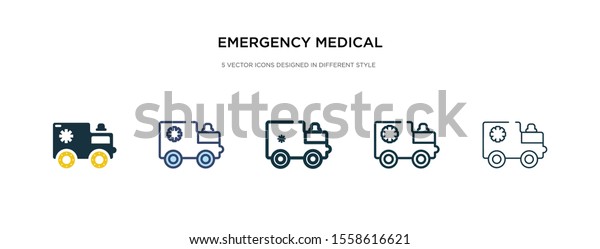 emergency medical vehicle icon in different style\
vector illustration. two colored and black emergency medical\
vehicle vector icons designed in filled, outline, line and stroke\
style can be used\
for