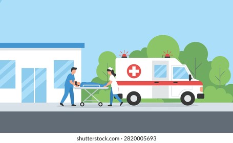 Emergency medical workers transporting a patient on a rolling gurney from an ambulance to a modern hospital clinic.