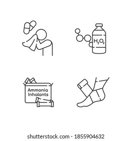 Emergency medication linear icons set. Antihistamine medication. Hydrogen peroxide. Ammonia inhalant. Customizable thin line contour symbols. Isolated vector outline illustrations. Editable stroke