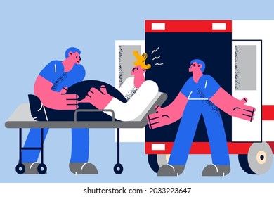 Emergency medicine and healthcare concept. Young doctors in blue uniforms putting injured man patient into emergency car cabin taking to hospital clinic vector illustration 