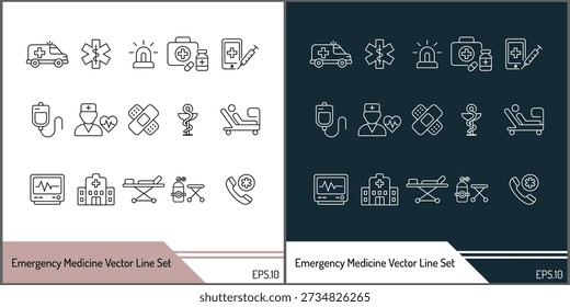 Conjunto de iconos de línea de Vector de medicina de emergencia para hospital y atención médica
