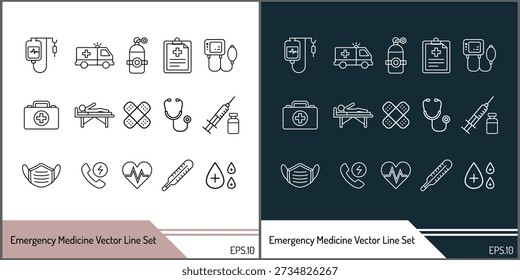 Conjunto de iconos de línea de Vector de medicina de emergencia para hospital y atención médica
