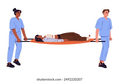 Emergency medics carry victim of accident. Nurses in uniform hold unconscious woman with bandages on stretchers. First aid, medical help. Flat isolated vector illustration on white background