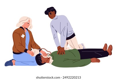 Emergency medics do CPR, heart massage, resuscitation. Ambulance doctors do first aid, help in cardiac arrest. Rescue of victim in accident. Flat isolated vector illustration on white background