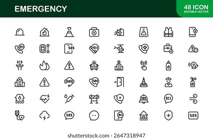 Emergency, modern line icon set with professional and simple symbols for crisis, alert, first aid, and disaster-related services in clean vector style.