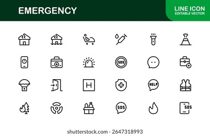 Emergency, modern line icon set with professional and simple symbols for crisis, alert, first aid, and disaster-related services in clean vector style.