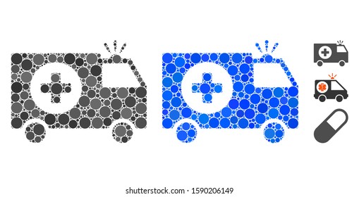 Emergency mosaic of round dots in various sizes and color hues, based on emergency icon. Vector dots are composed into blue composition. Dotted emergency icon in usual and blue versions.