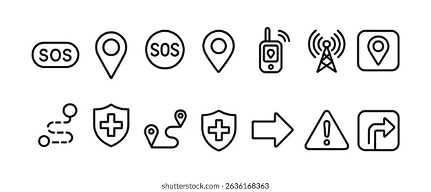 Emergency, navigation line icon set - outline, safety and direction symbols