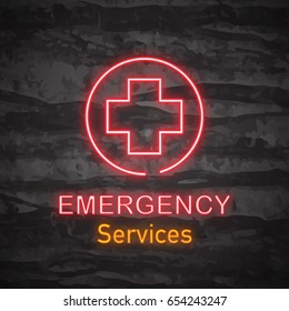 emergency neon logo, vector neon glow on dark background, healthcare symbol