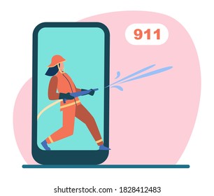 Emergency number to call fire brigade. Firefighter with fire hose on smartphone screen flat vector illustration. Emergency service and digital technology concept for banner, website design