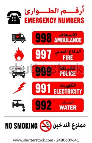 Emergency Number sign, Emergency Sign UAE vector illustration, Ambulance, Police, Fire, Electricity numbers in Arabic and English language, Arabic sign emergency number UAE, Rescue Sign isolated.