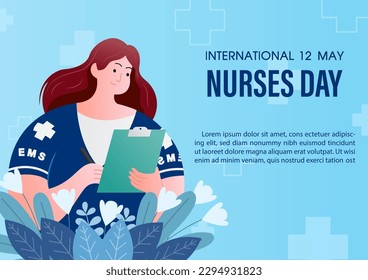 A Emergency nurse in cartoon character with wording of Nurses day and decorated plants, example texts on blue background. Poster campaign of International nurses day in vector design