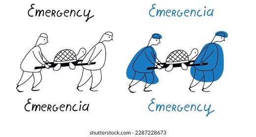 EMERGENCY - nurses are carrying a turtle on a stretcher. Comical illustration. Graphic design concepts, simple outline icons collection in two versions. Vector line elements. Doodle stile.