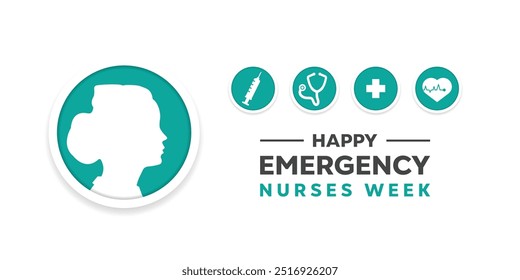 Emergency Nurses Week. Nurse, syringe, stethoscope, plus icon and heart. Great for cards, banners, posters, social media and more. White background.