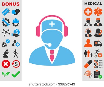 Emergency Operator vector icon with bonus. Style is bicolor flat symbol, pink and blue colors, rounded angles, white background.