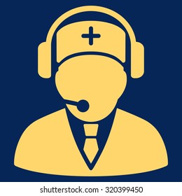 Emergency Operator vector icon. Style is flat symbol, yellow color, rounded angles, blue background.