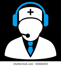 Emergency Operator vector icon. Style is bicolor flat symbol, blue and white colors, rounded angles, black background.