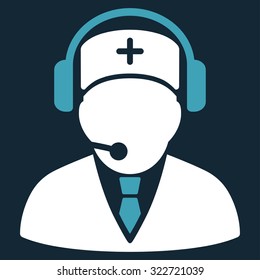 Emergency Operator vector icon. Style is bicolor flat symbol, blue and white colors, rounded angles, dark blue background.