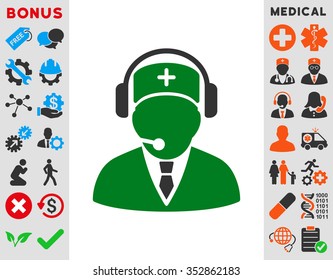 Emergency Operator vector icon. Style is bicolor flat symbol, green and gray colors, rounded angles, white background.