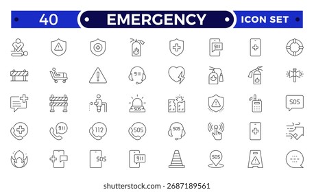 Conjunto de iconos de contorno de emergencia con alertas de policía, fuego, médicas y de seguridad. Incluye alarma, campana, intermitente y señales de advertencia para seguridad, protección, tráfico y respuesta de emergencia.
