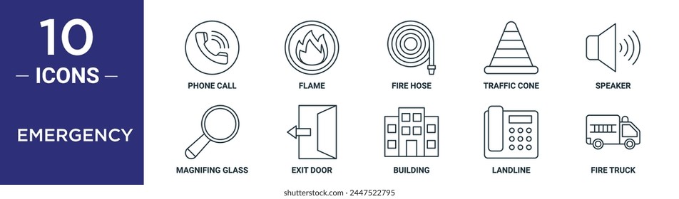 emergency outline icon set includes thin line phone call, flame, fire hose, traffic cone, speaker, magnifing glass, exit door icons for report, presentation, diagram, web design