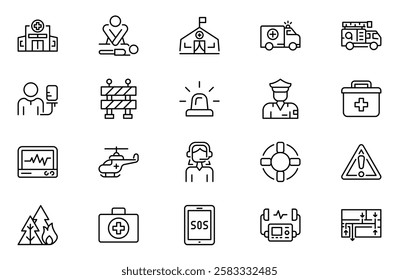 Emergency outline icon set. Linear icon collection. Editable stroke. Vector illustration