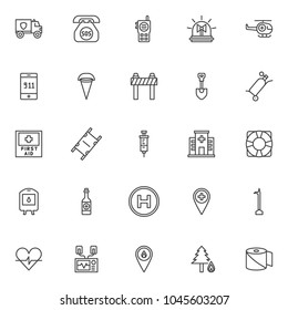 Emergency outline icons set. linear style symbols collection, line signs pack. vector graphics. Set includes icons as police truck, SOS call, walkie talkie, emergency flasher, helicopter, fire bucket