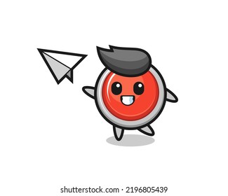 emergency panic button cartoon character throwing paper airplane , cute design