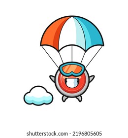 emergency panic button mascot cartoon is skydiving with happy gesture , cute design