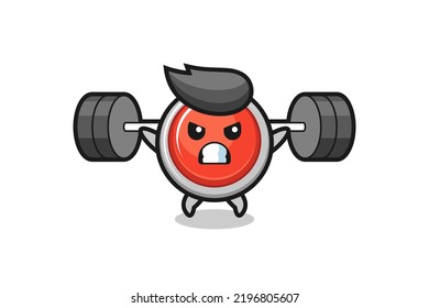 emergency panic button mascot cartoon with a barbell , cute design