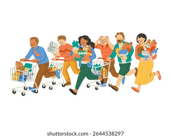 Emergency panic buying situation at supermarket, people rushing in grocery store while running and pushing trolleys. Flat vector illustration isolated on white background
