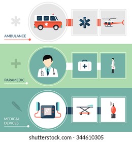 Emergency paramedic horizontal banners set with first aid symbols flat isolated vector illustration 