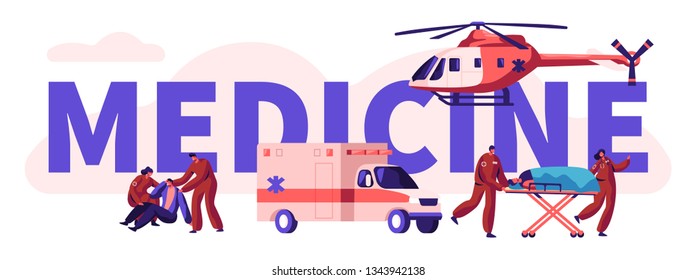 Emergency Paramedical Personnel Urgency Professional Medicine Rescue Team. Healthcare Man Casualty Vertical Banner. Stretcher Vehicle Helicopter Transport. Flat Cartoon Vector Illustration