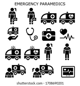 Emergency paramedics, ambulance vector icons set - healthcare medical workers
