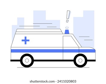 Abstraktes Konzept für den Transport von Notfallpatienten, Vektorgrafik. Krankenwagen mit blinkenden Lichtern auf der Straße, Notfahrzeug, kranke Patiententransporte, abstrakte Gefahrenleuchten.