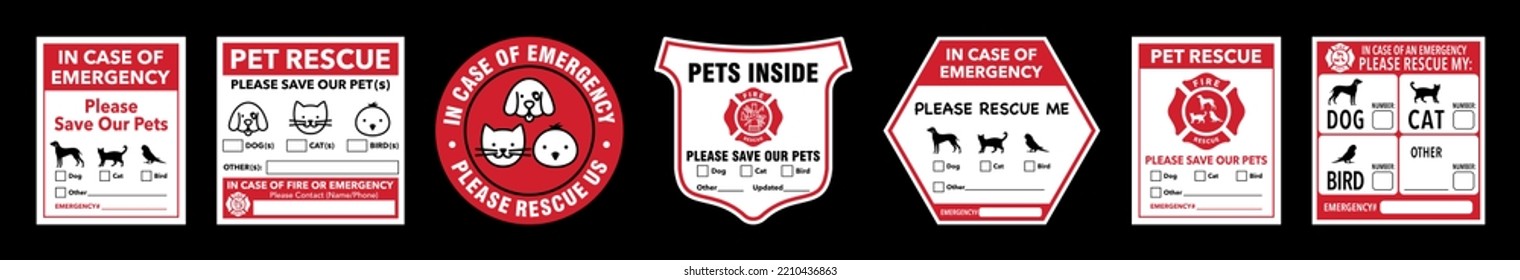 Emergency pet rescue tag vector set. Fire and emergency alerts to protect pets.