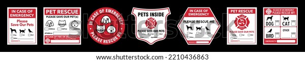 Emergency pet rescue tag vector set. Fire and\
emergency alerts to protect\
pets.