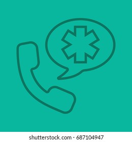 Emergency phone call to hospital linear icon. Handset with star of life inside speech bubble. Thin line outline symbols on color background. Vector illustration