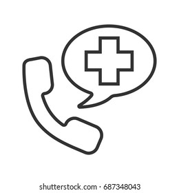 Emergency phone call to hospital linear icon. Thin line illustration. Handset with medical cross inside chat bubble. Contour symbol. Vector isolated outline drawing