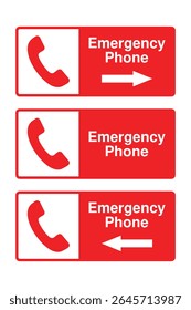 Sinais telefônicos de emergência em vermelho com ícones brancos e setas direcionais - Sinalização de segurança para uso público - Imagem vetorial de alta qualidade