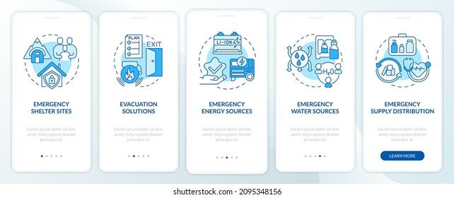 Emergency plan includes blue onboarding mobile app screen. Supply walkthrough 5 steps graphic instructions pages with linear concepts. UI, UX, GUI template. Myriad Pro-Bold, Regular fonts used