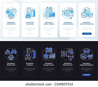 Emergency plan includes night and day mode onboarding mobile app screen. Walkthrough 5 steps graphic instructions pages with linear concepts. UI, UX, GUI template. Myriad Pro-Bold, Regular fonts used