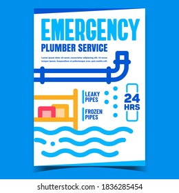 Emergency Plumber Service Promo Banner Vector. Frozen And Leaky Pipes Plumbing Repair Service Advertising Poster. Pipeline Repairing And Fixing Concept Template Style Color Illustration