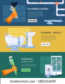 Emergency Plumbing Horizontal Banners. Repair Clogged Pipe Drain Emergency Elimination Dirty Water Streams Pouring From Toilet Bathtub Adjustment Washing Bathing Equipment. Cartoon Vector.