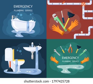 Emergency plumbing illustration set. Blocked drain in water outlet pipe streams dirty water pouring from toilet and bath plumbing tools adjustable wrench plunger emergency repairs. Cartoon vector.