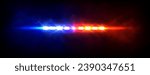 Emergency or police car siren flashing lights with overlay effect. Realistic vector illustration of red and blue cop or ambulance vehicle flare with beams surrounded by fog on dark night background.