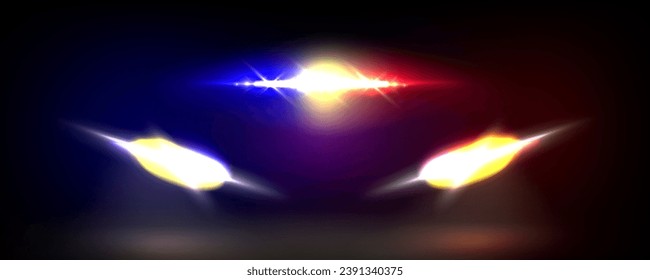 Emergency or police car siren flashing red and blue beacons and headlights with overlay effect. Realistic vector illustration of cop or ambulance vehicle flashes with beams in fog on dark background.