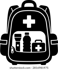 Emergency preparedness backpack icon with first aid and survival supplies